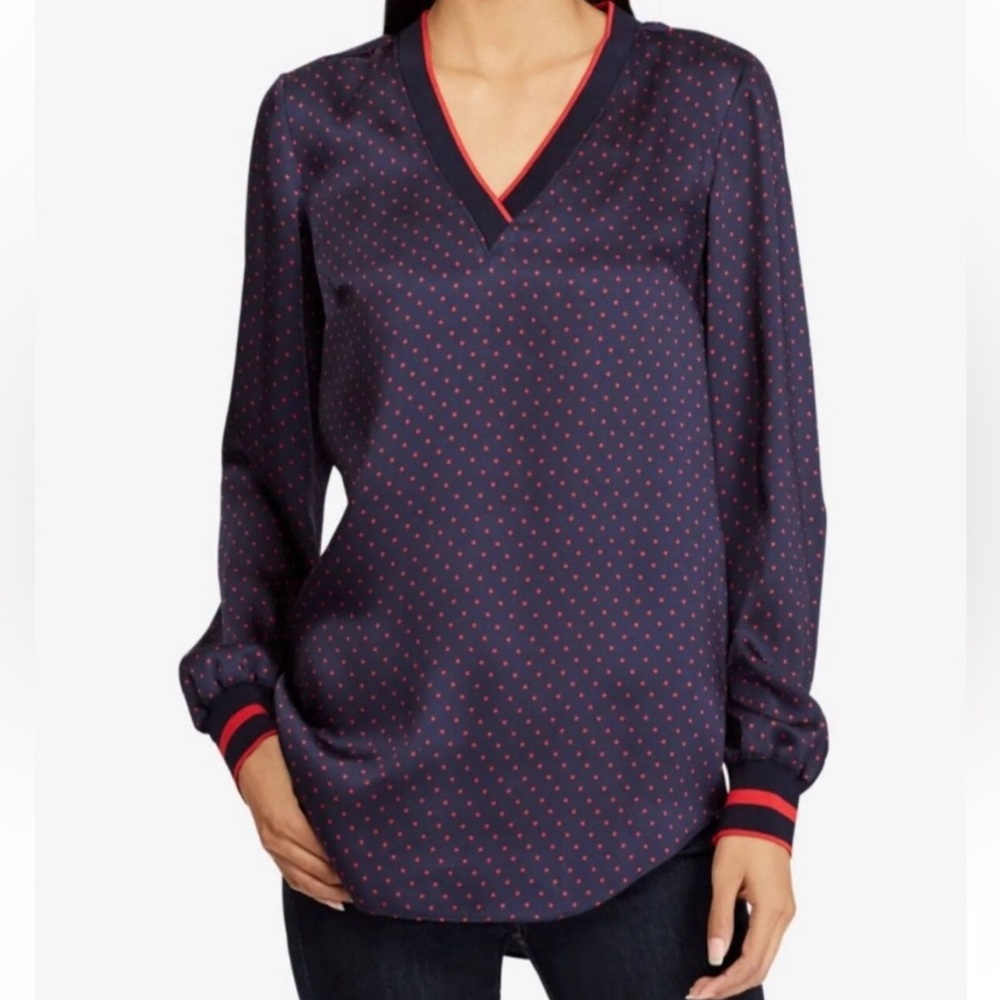 Ralph Lauren Polka Dot Red And Blue Blouse Top Long Sleeve